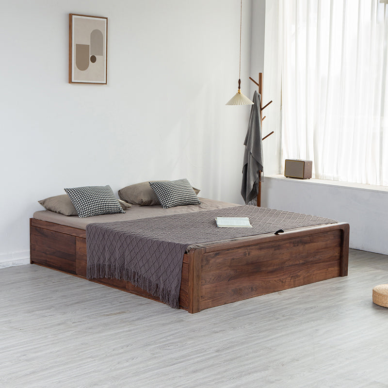Modern Platform Bed Walnut Solid Wood Standard Bed with Storage