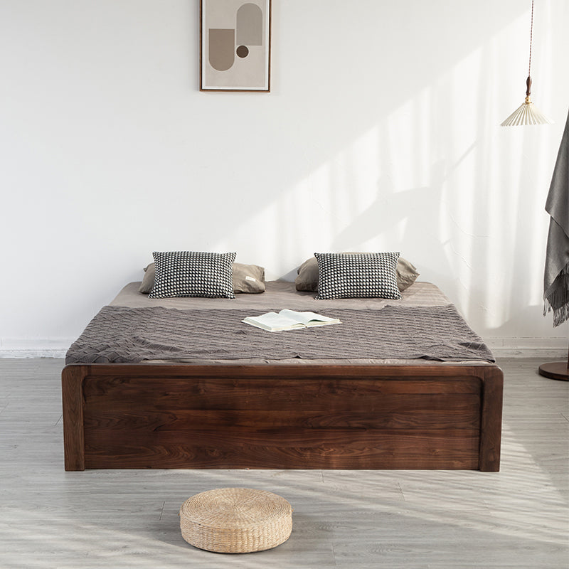 Modern Platform Bed Walnut Solid Wood Standard Bed with Storage