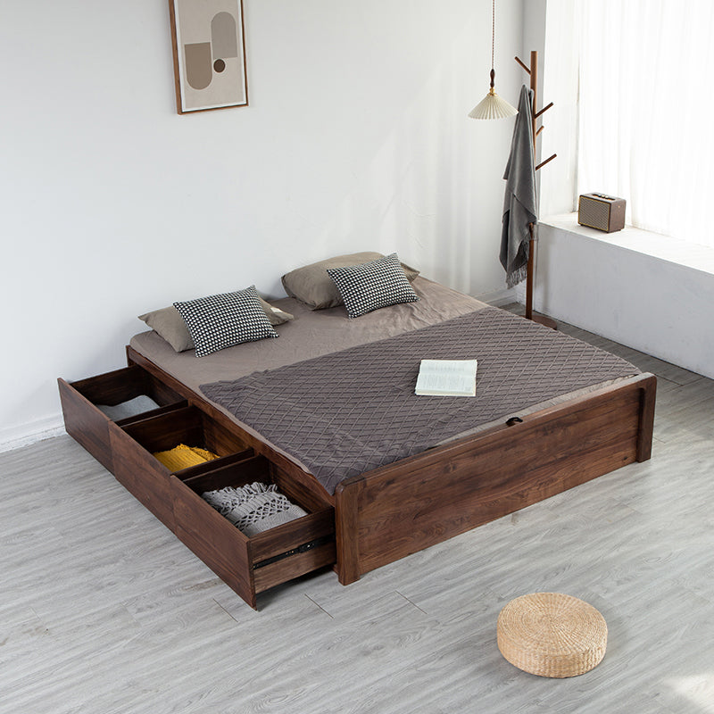Modern Platform Bed Walnut Solid Wood Standard Bed with Storage