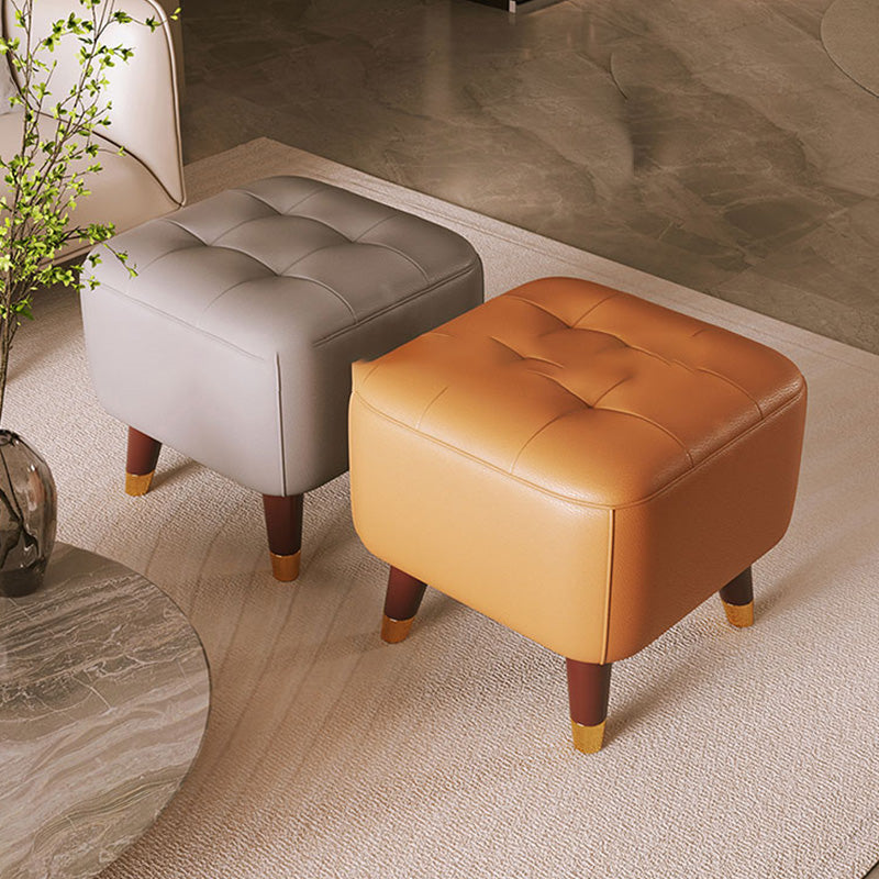 Mid-Century Modern Ottoman Genuine Leather Tufted Square Ottoman with Chair Legs
