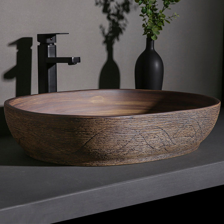 Traditional Bathroom Sink Porcelain Oval-Shape Vessel Lavatory Sink with Pop-Up Drain
