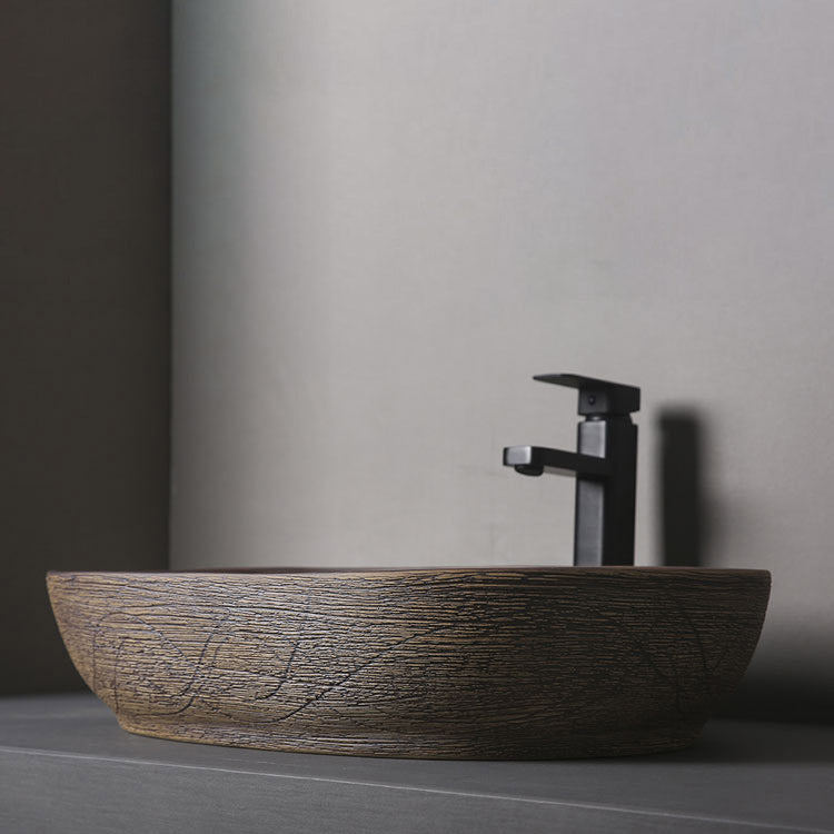 Traditional Bathroom Sink Porcelain Oval-Shape Vessel Lavatory Sink with Pop-Up Drain