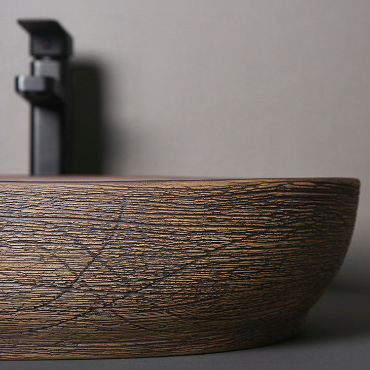 Traditional Bathroom Sink Porcelain Oval-Shape Vessel Lavatory Sink with Pop-Up Drain