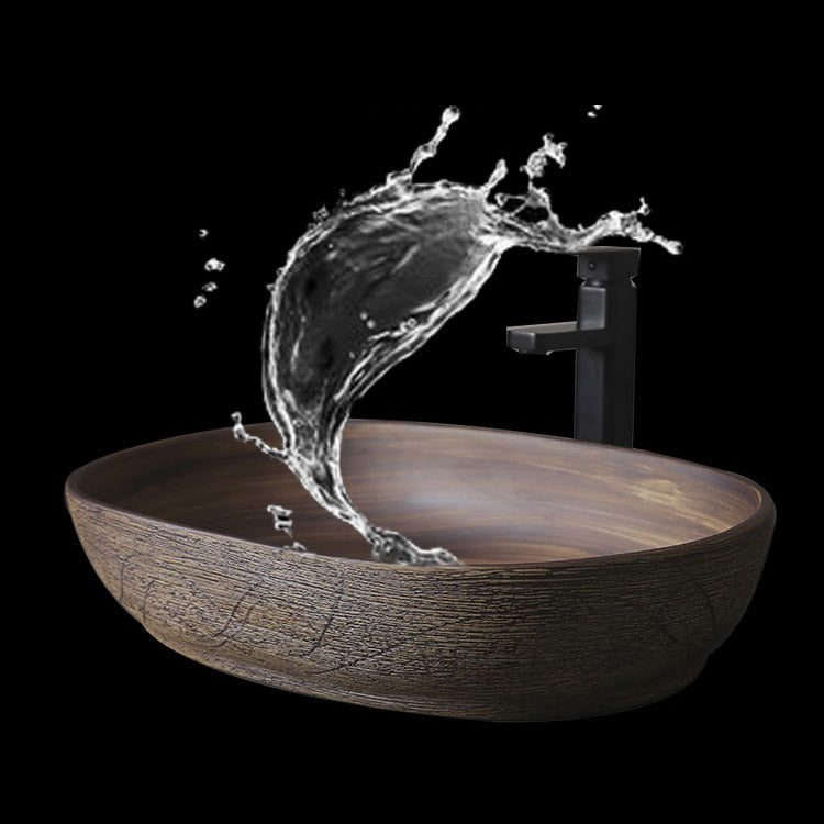 Traditional Bathroom Sink Porcelain Oval-Shape Vessel Lavatory Sink with Pop-Up Drain
