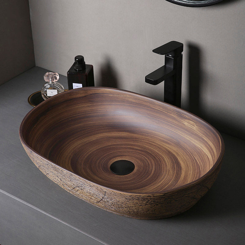 Traditional Bathroom Sink Porcelain Oval-Shape Vessel Lavatory Sink with Pop-Up Drain