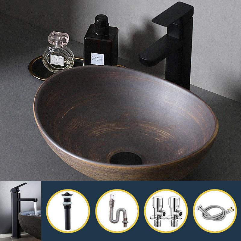 Traditional Bathroom Sink Porcelain Oval-Shape Vessel Lavatory Sink with Pop-Up Drain