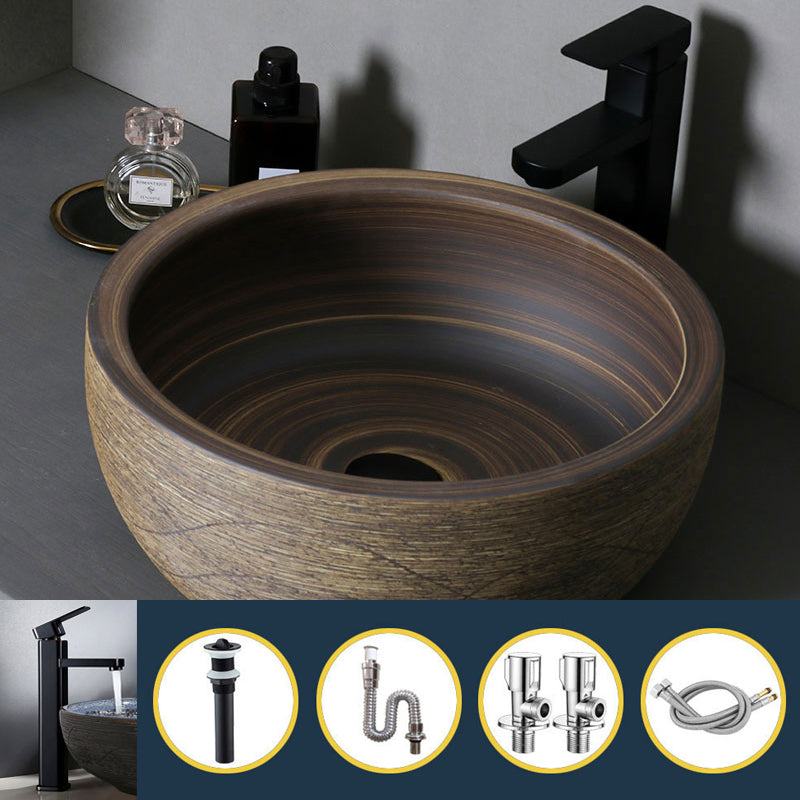 Traditional Bathroom Sink Porcelain Oval-Shape Vessel Lavatory Sink with Pop-Up Drain