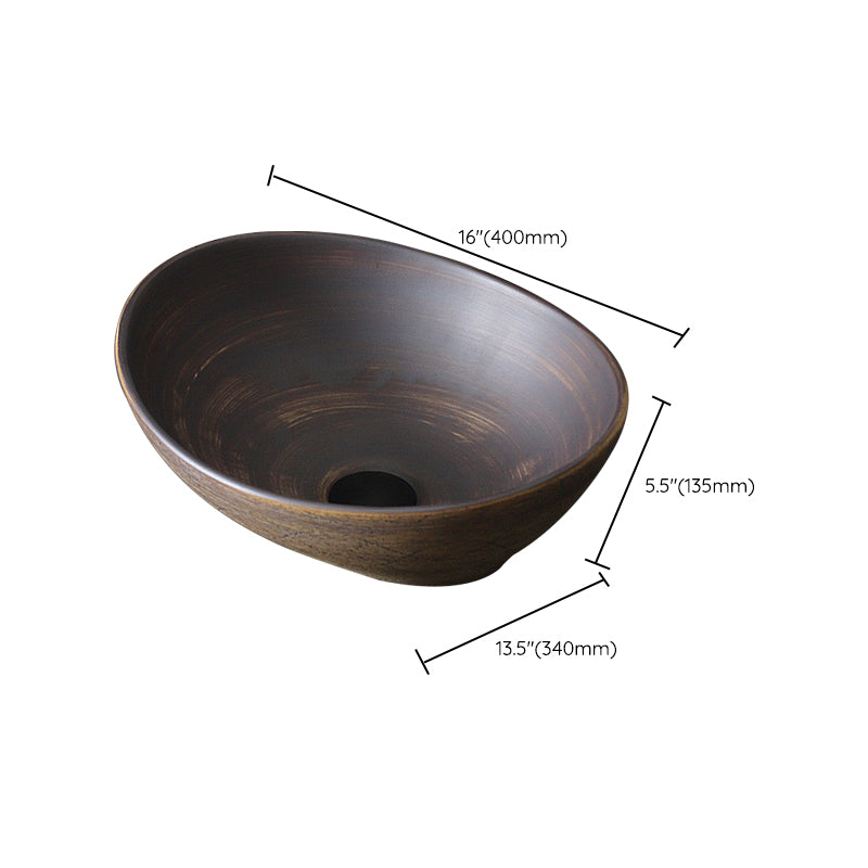Traditional Bathroom Sink Porcelain Oval-Shape Vessel Lavatory Sink with Pop-Up Drain