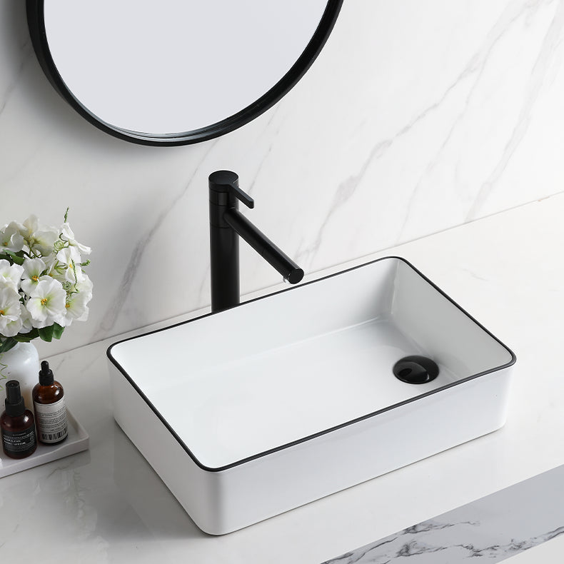 Contemporary Bathroom Sink Rectangular Porcelain Vessel Sink with Pop-Up Drain