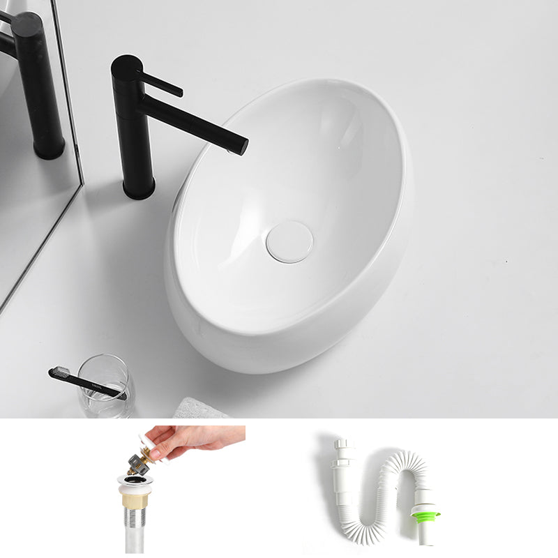 Traditional Vessel Lavatory Sink Oval Porcelain with Pop-Up Drain Basin Sink
