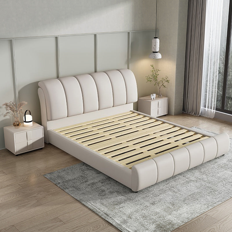 Faux Leather White Panel Bed Modern Standard Bed with Upholstered Headboard