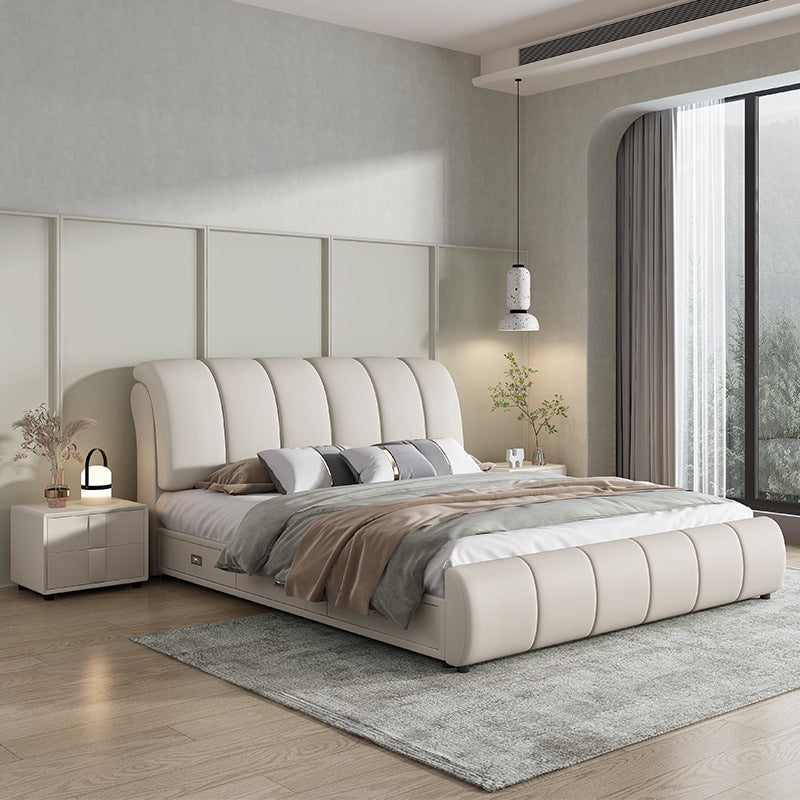 Faux Leather White Panel Bed Modern Standard Bed with Upholstered Headboard