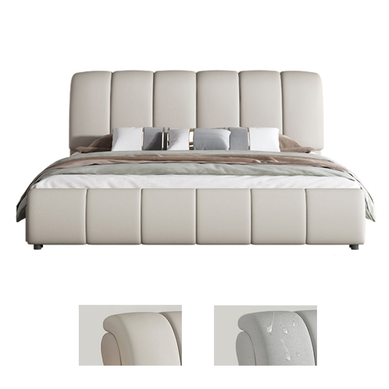 Faux Leather White Panel Bed Modern Standard Bed with Upholstered Headboard