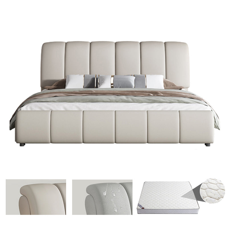 Faux Leather White Panel Bed Modern Standard Bed with Upholstered Headboard