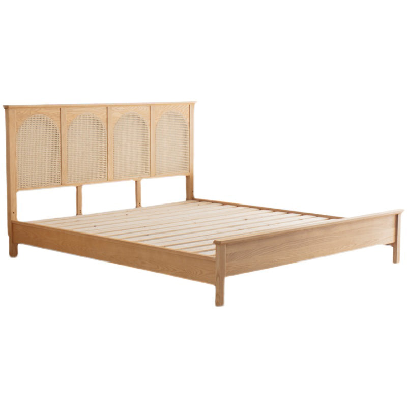 Queen Size Solid Wood Bed Frame Tropical Rattan Panel Bed in Ash