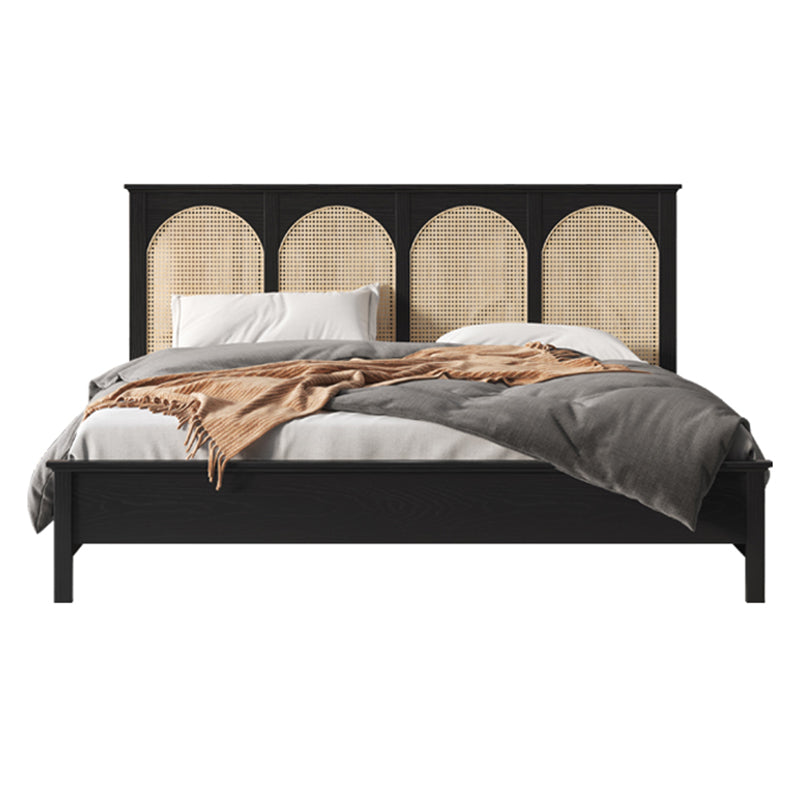 Queen Size Solid Wood Bed Frame Tropical Rattan Panel Bed in Ash