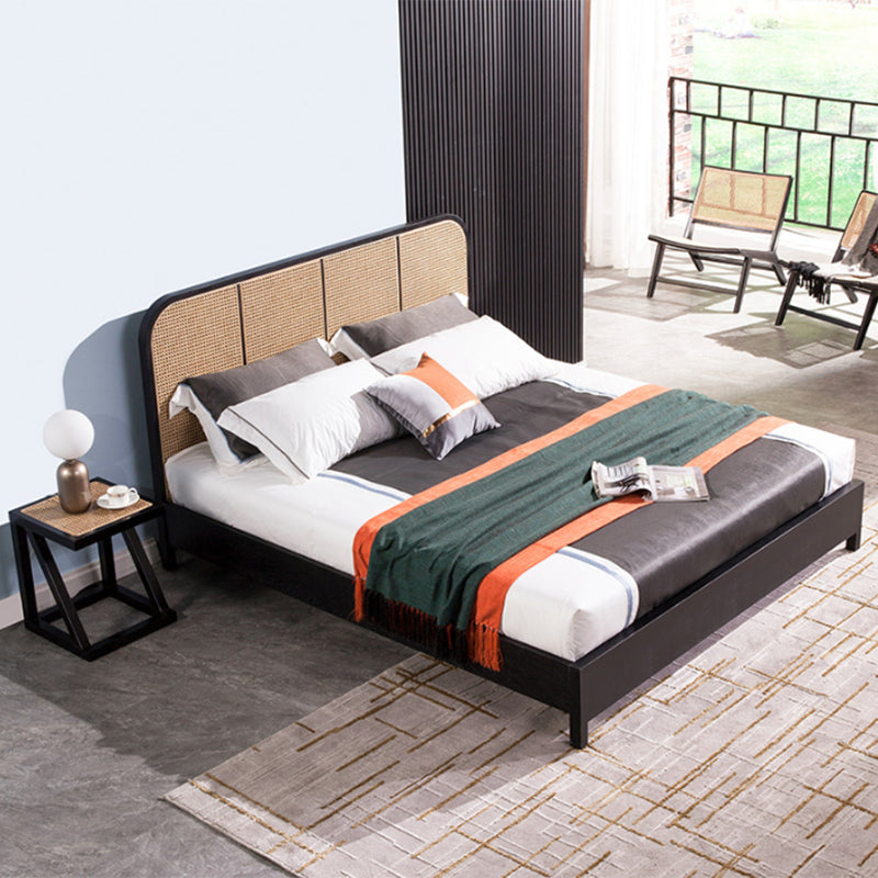 Tropical Style Ash Bed Frame Espresso Rattan Headboard Panel Bed with Mattress