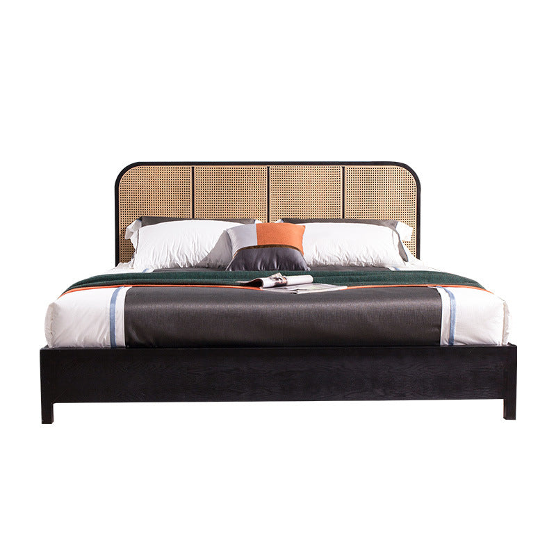 Tropical Style Ash Bed Frame Espresso Rattan Headboard Panel Bed with Mattress