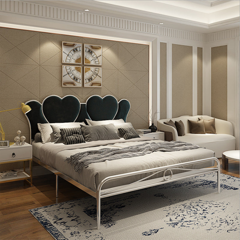 Metal Wire-Grid Bed Frame Upholstered Panel Bed with Heart-Shaped Headboard