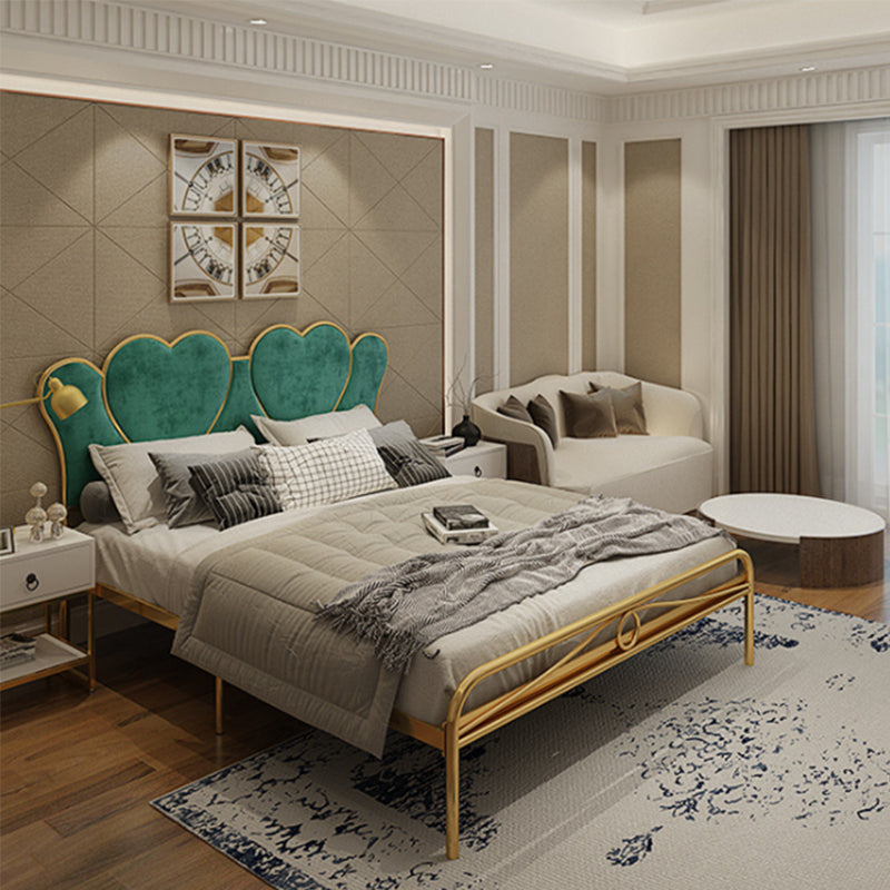 Metal Wire-Grid Bed Frame Upholstered Panel Bed with Heart-Shaped Headboard