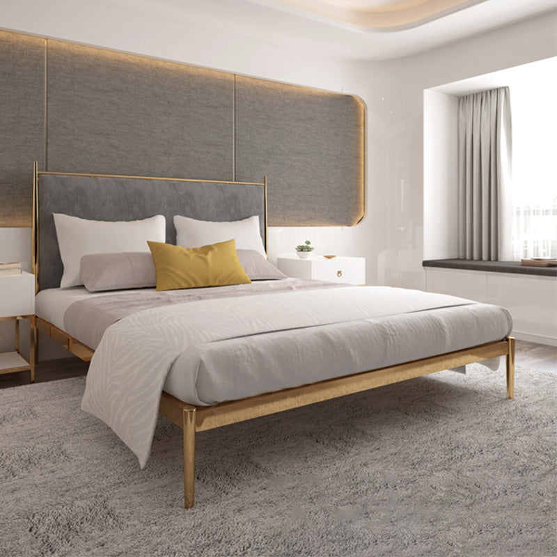 Luxurious Iron Bed Frame in Brass Upholstered High Panel Bed