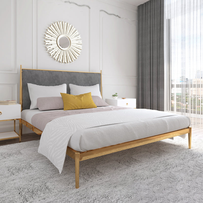 Luxurious Iron Bed Frame in Brass Upholstered High Panel Bed