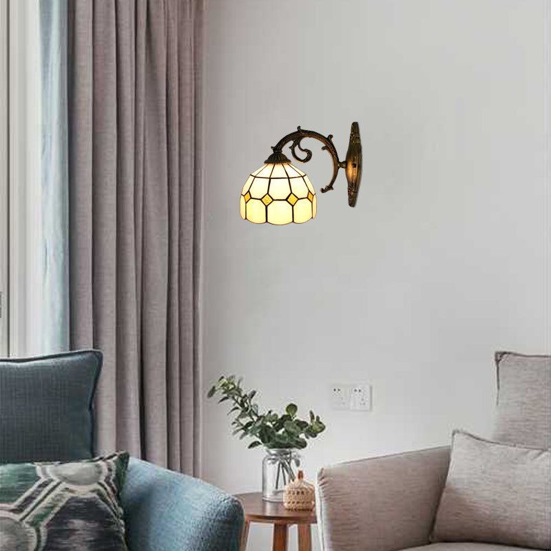 Curved Arm Wall Sconce with Bowl Stained Glass Shade 1 Light Tiffany Wall Lighting