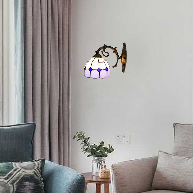 Curved Arm Wall Sconce with Bowl Stained Glass Shade 1 Light Tiffany Wall Lighting