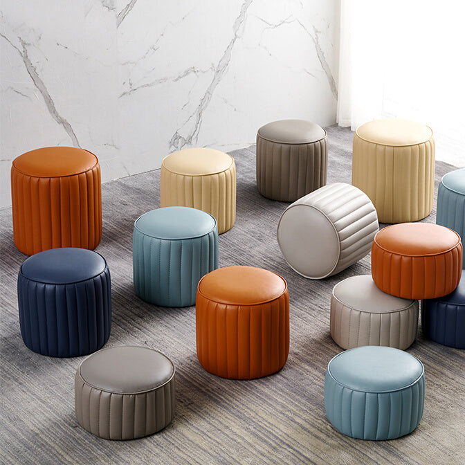 Modern Pouf Ottoman Genuine Leather Upholstered Cylinder Shape Ottoman