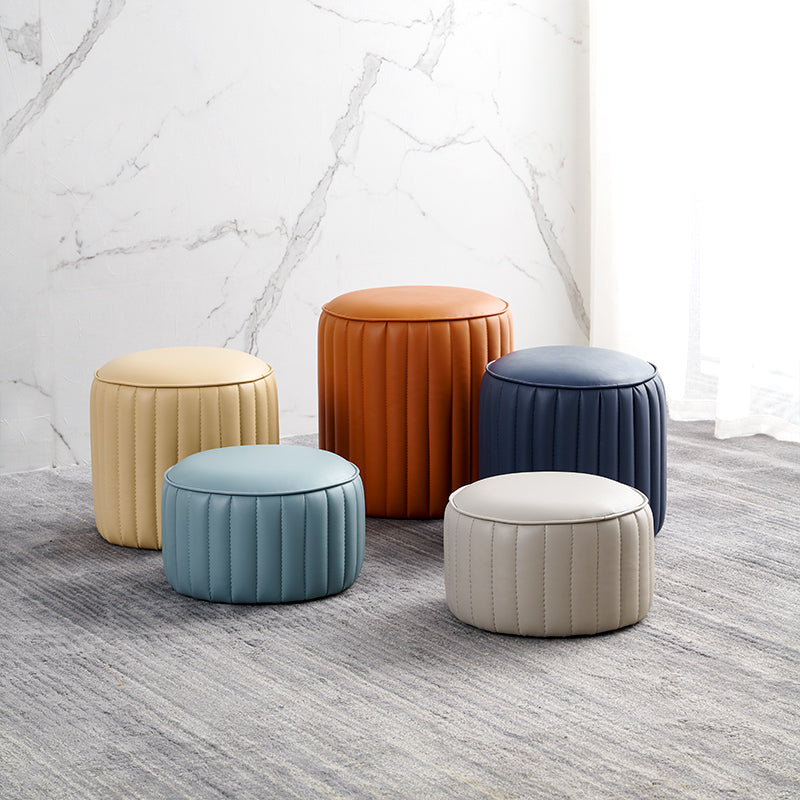 Modern Pouf Ottoman Genuine Leather Upholstered Cylinder Shape Ottoman