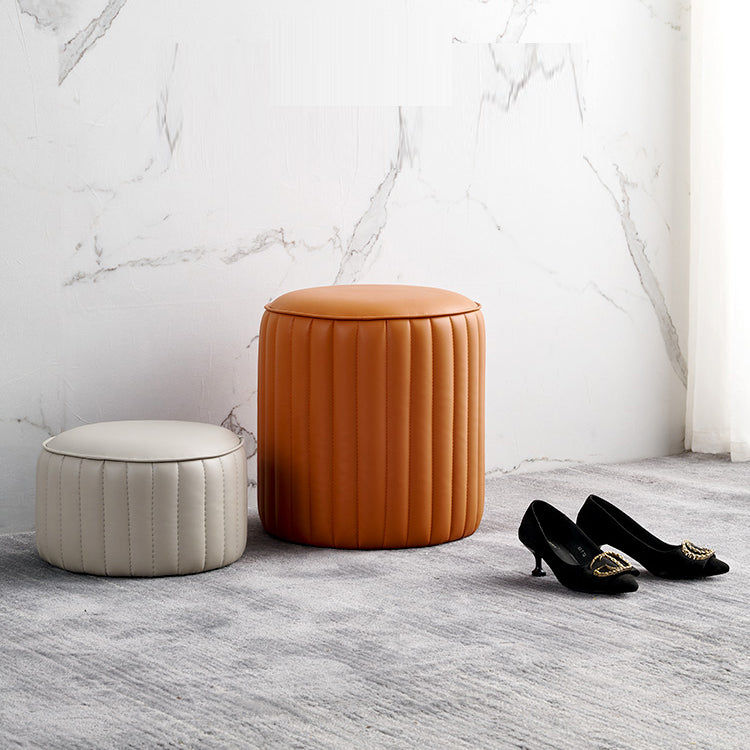 Modern Pouf Ottoman Genuine Leather Upholstered Cylinder Shape Ottoman
