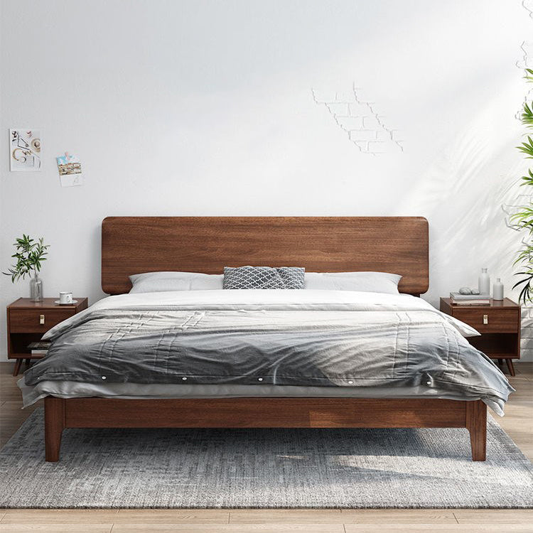 Mid-Century Modern Standard Bed Walnut Solid Color Panel Bed with Headboard