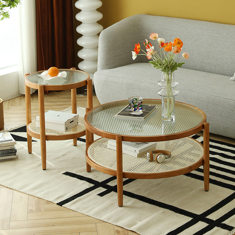 Tropical Round Cocktail Table Storage Solid Wood Coffee Cocktail Table