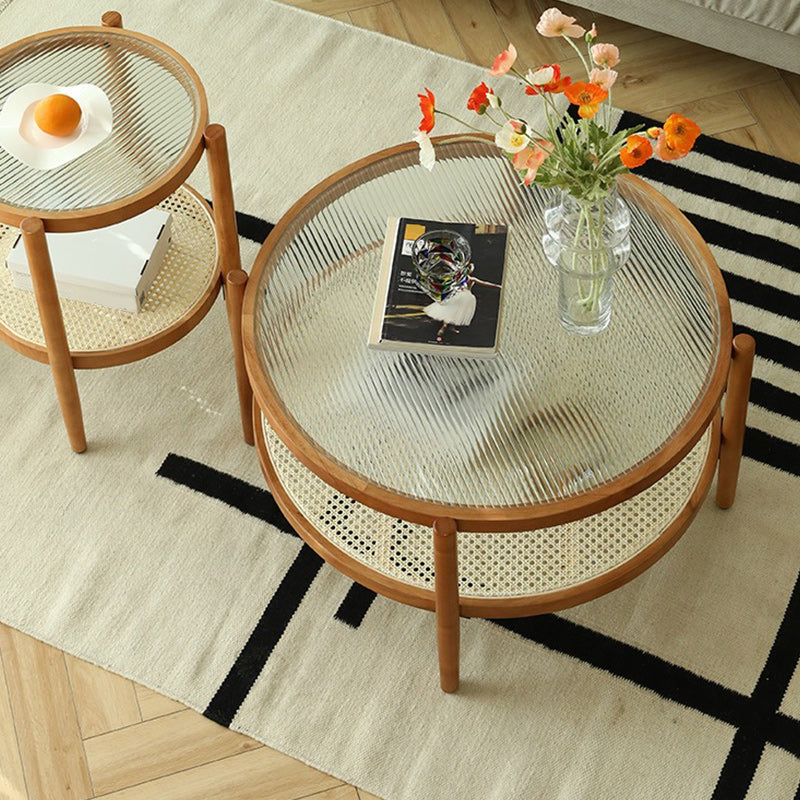 Tropical Round Cocktail Table Storage Solid Wood Coffee Cocktail Table