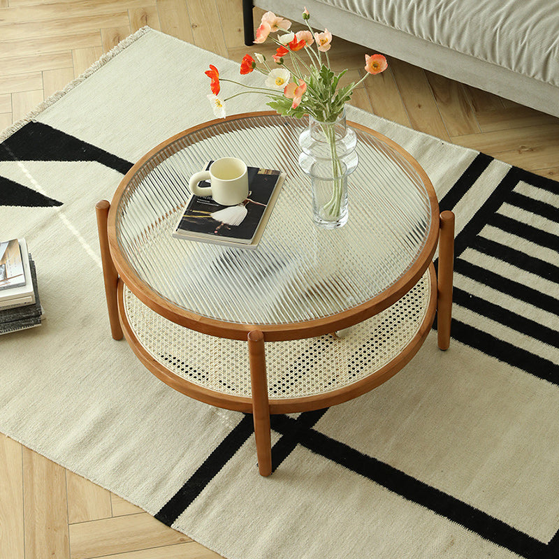 Tropical Round Cocktail Table Storage Solid Wood Coffee Cocktail Table