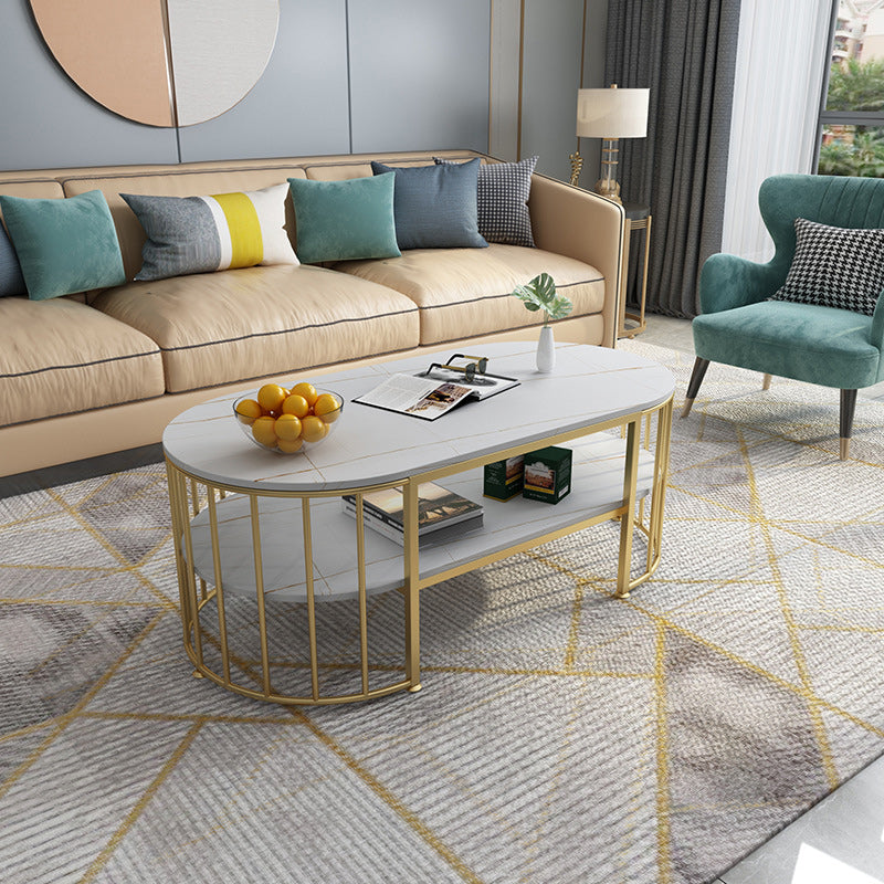 Glam Marble Coffee Cocktail Table Frame Oval Coffee Table with Shelf