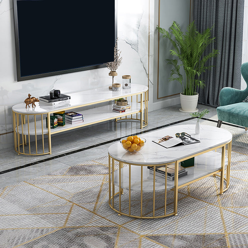 Glam Marble Coffee Cocktail Table Frame Oval Coffee Table with Shelf