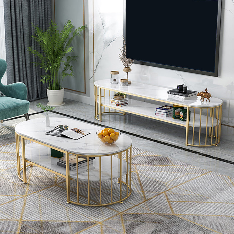 Glam Marble Coffee Cocktail Table Frame Oval Coffee Table with Shelf