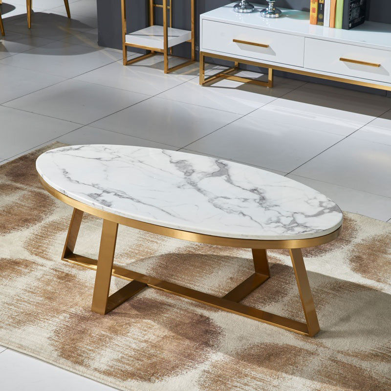 Glam Metal Cross Legs Coffee Table Faux Marble Oval Coffee Table