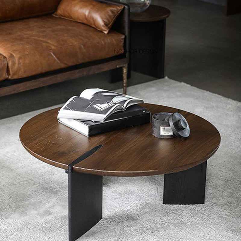 Scandinavian Pine Wood Cocktail Table with Round Top and Black Base