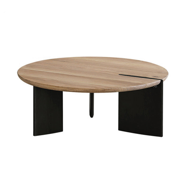 Scandinavian Pine Wood Cocktail Table with Round Top and Black Base