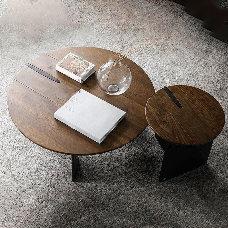 Scandinavian Pine Wood Cocktail Table with Round Top and Black Base
