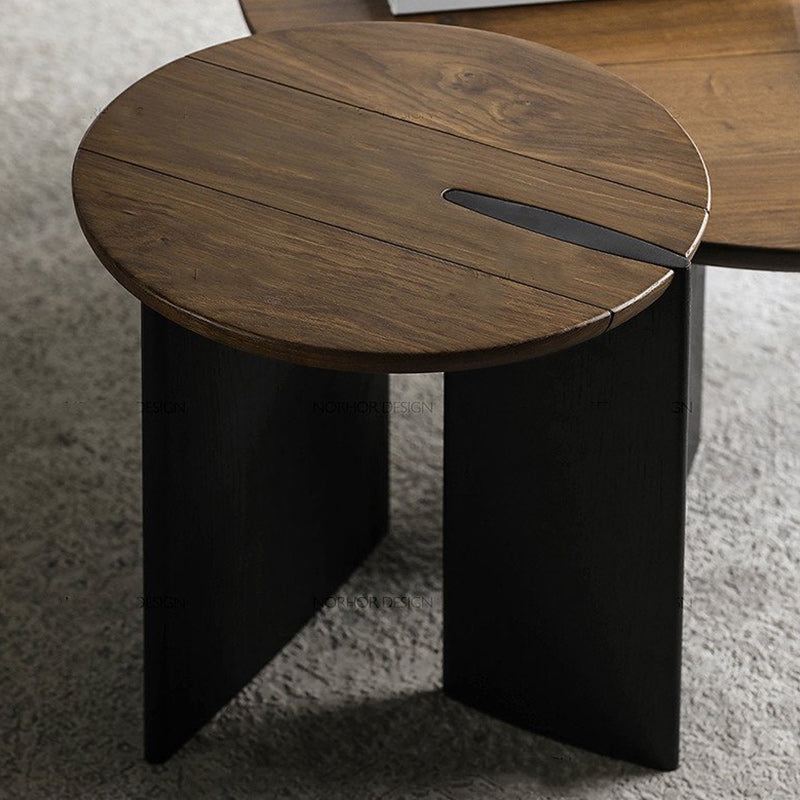 Scandinavian Pine Wood Cocktail Table with Round Top and Black Base