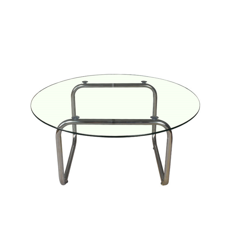 Modern Round Glass Coffee Table with Stainsteel Sled Stainless Steel Base