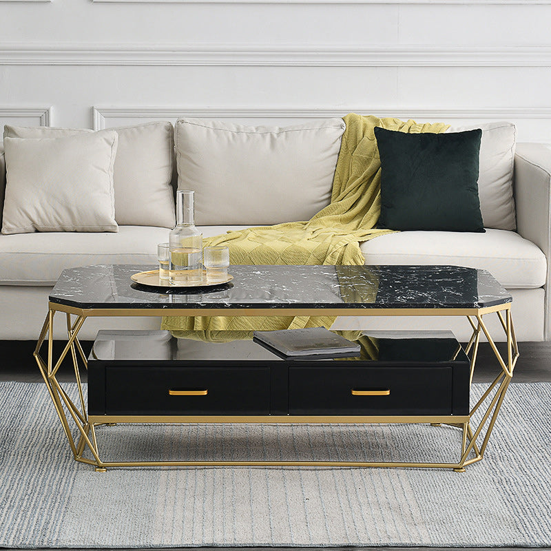 Glam Coffee Table with Glass/Marble Top and 2 Drawers and Iron Base