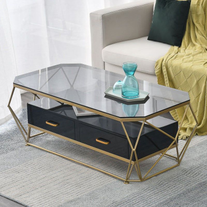 Glam Coffee Table with Glass/Marble Top and 2 Drawers and Iron Base