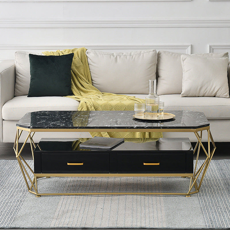 Glam Coffee Table with Glass/Marble Top and 2 Drawers and Iron Base