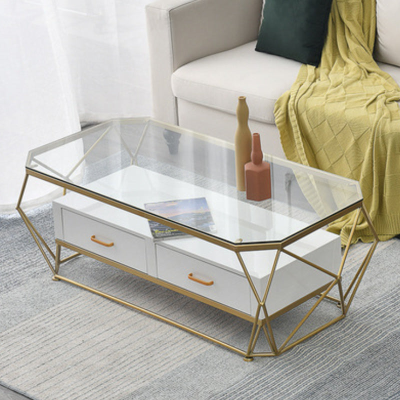 Glam Coffee Table with Glass/Marble Top and 2 Drawers and Iron Base