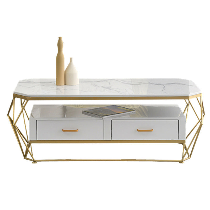Glam Coffee Table with Glass/Marble Top and 2 Drawers and Iron Base