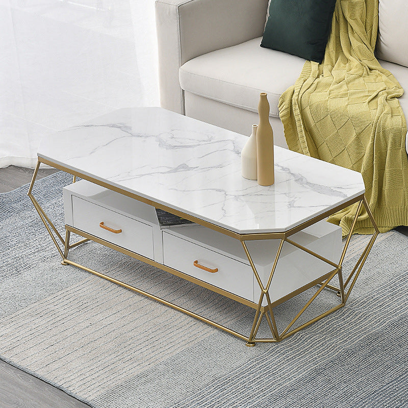 Glam Coffee Table with Glass/Marble Top and 2 Drawers and Iron Base